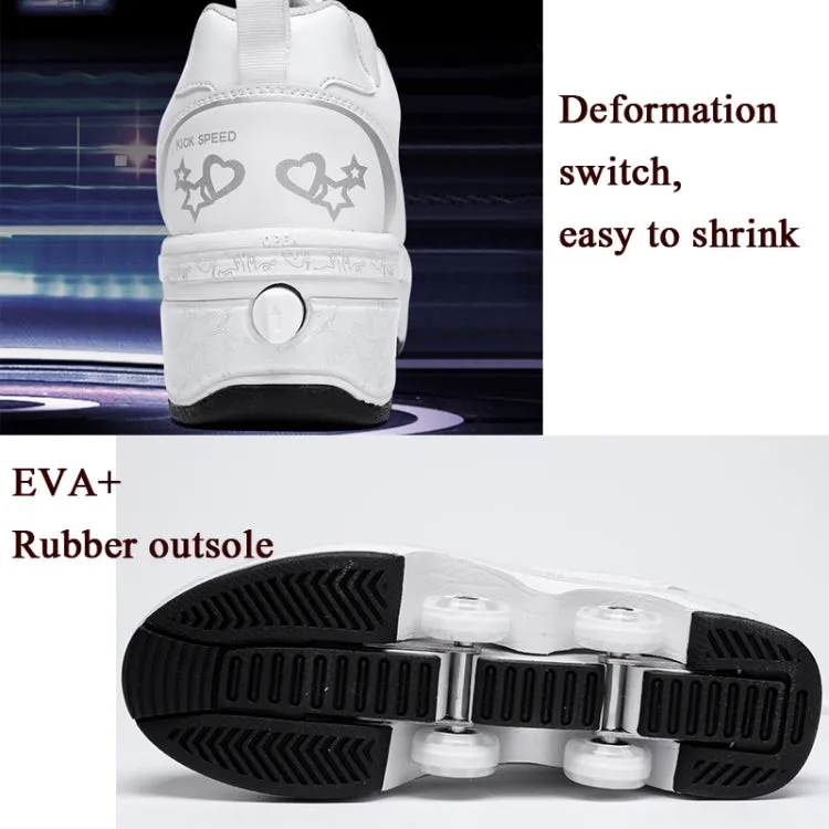 Two-Purpose Skating Shoes Deformation Shoes Double Row Rune Roller Skates Shoes, Size: 38(High-top With Light (White))