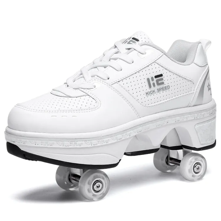 Two-Purpose Skating Shoes Deformation Shoes Double Row Rune Roller Skates Shoes, Size: 38(High-top With Light (White))