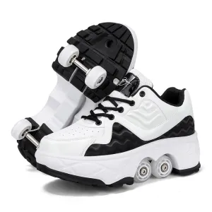 With Brakes Deformable Four-wheel Retractable Double-row Dual-purpose Roller Skates, Size: 36(DF08 White Black)