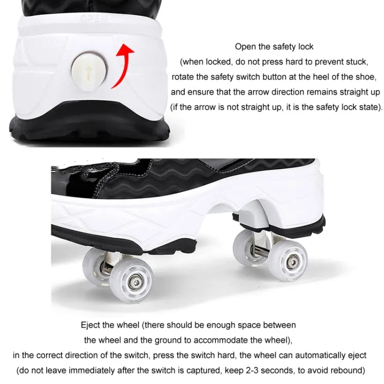 With Brakes Deformable Four-wheel Retractable Double-row Dual-purpose Roller Skates, Size: 36(DF08 White Black)