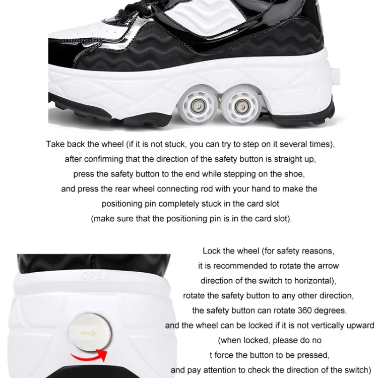 With Brakes Deformable Four-wheel Retractable Double-row Dual-purpose Roller Skates, Size: 36(DF08 White Black)