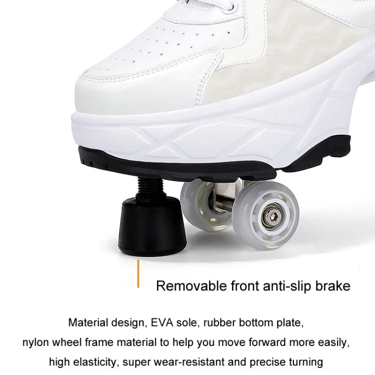 With Brakes Deformable Four-wheel Retractable Double-row Dual-purpose Roller Skates, Size: 36(DF08 White Black)