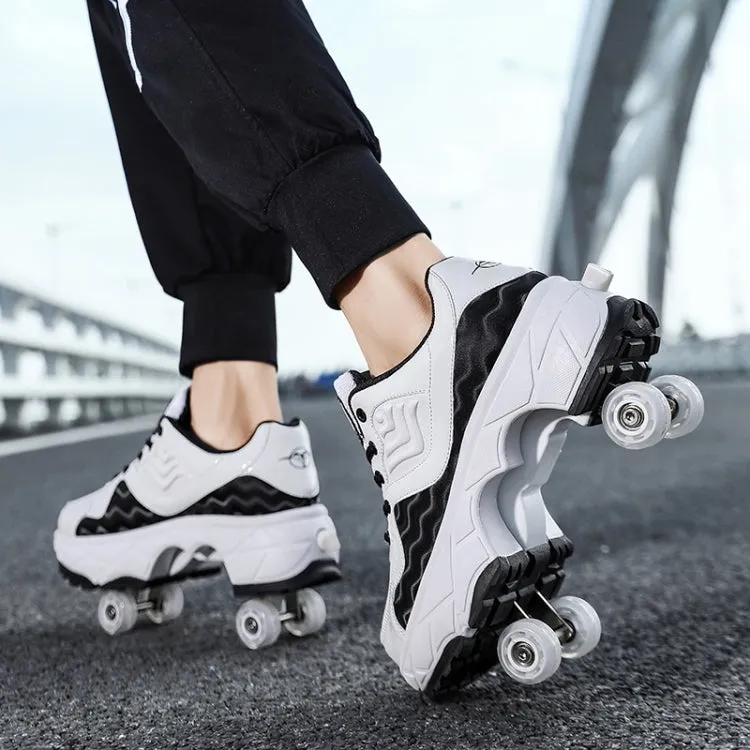 With Brakes Deformable Four-wheel Retractable Double-row Dual-purpose Roller Skates, Size: 36(DF08 White Black)