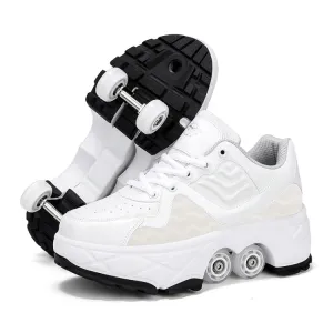 With Brakes Deformable Four-wheel Retractable Double-row Dual-purpose Roller Skates, Size: 36(DF08 White)