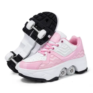 With Brakes Deformable Four-wheel Retractable Double-row Dual-purpose Roller Skates, Size: 37(DF08 Pink)