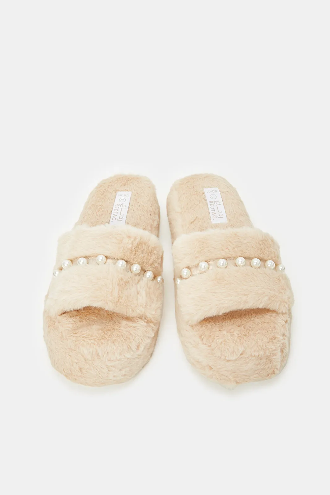 Women Beige Pearl Trim Slippers