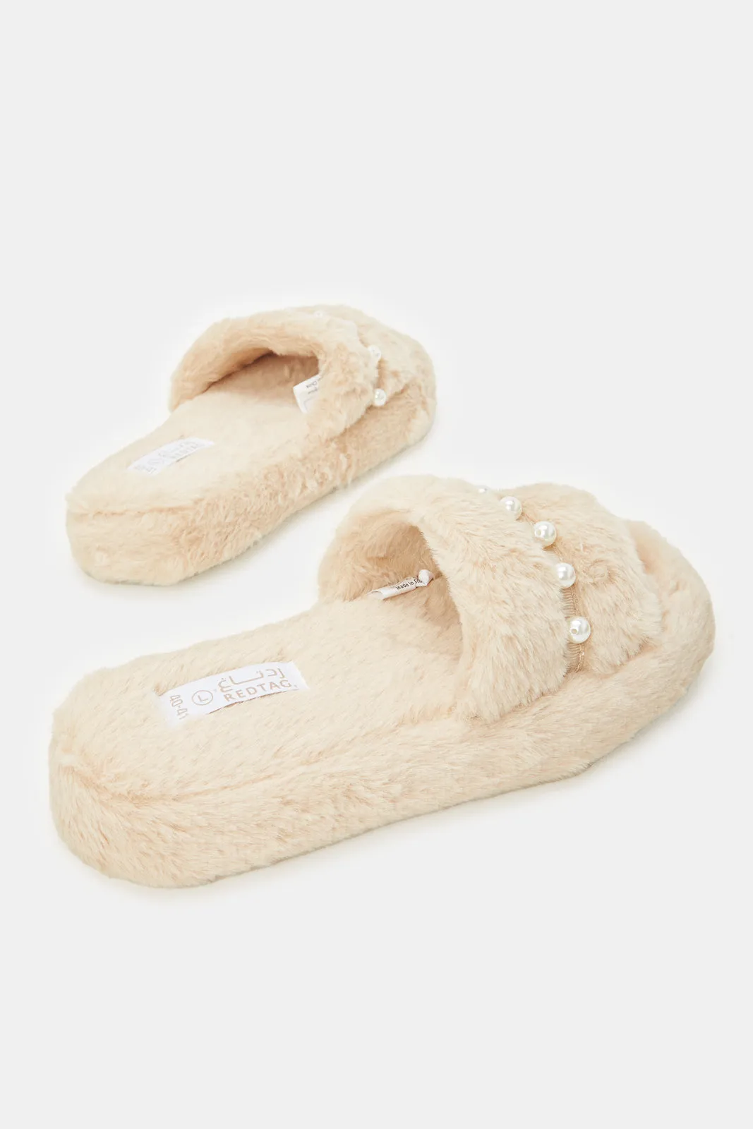 Women Beige Pearl Trim Slippers