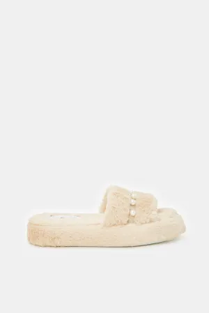 Women Beige Pearl Trim Slippers