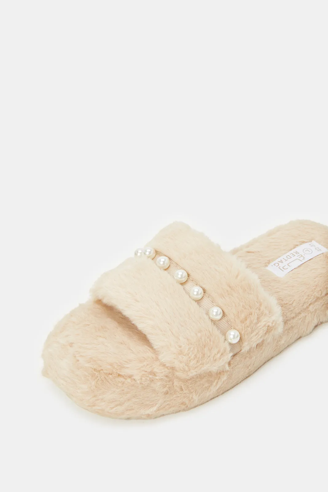 Women Beige Pearl Trim Slippers