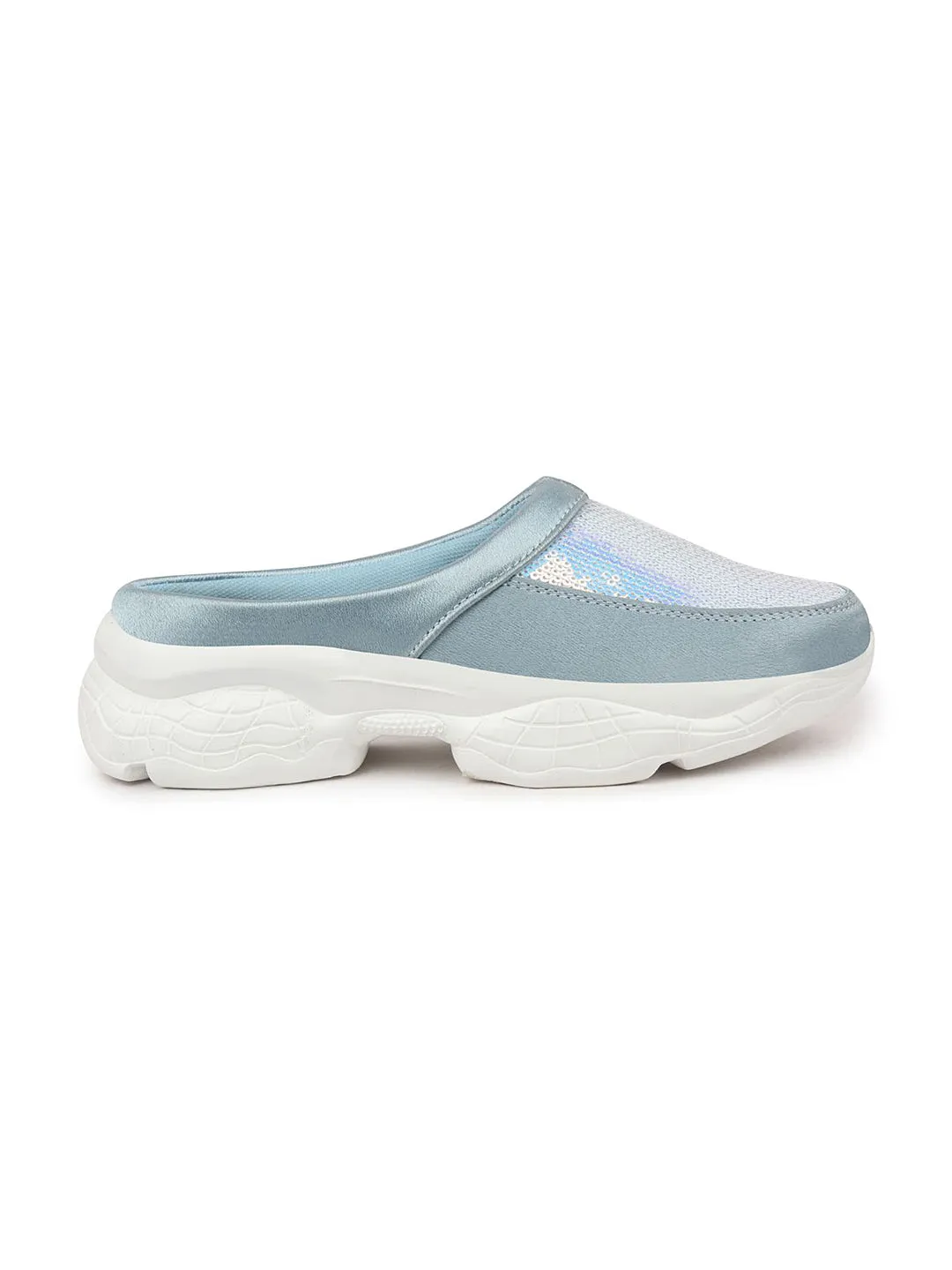 Women Sky Blue Back Open Embellished Slip On Mules