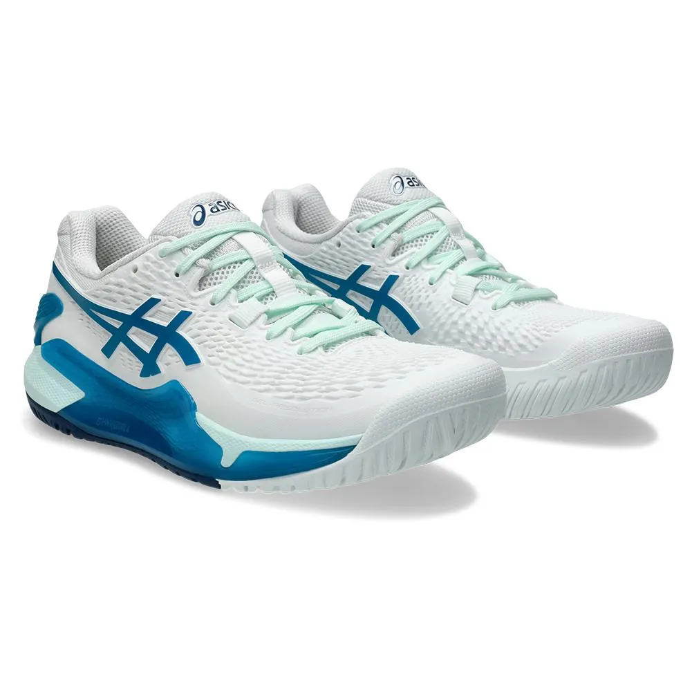 Womens Gel-Resolution 9 Tennis Shoes White and Teal Blue