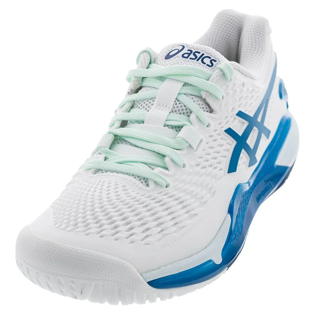 Womens Gel-Resolution 9 Tennis Shoes White and Teal Blue