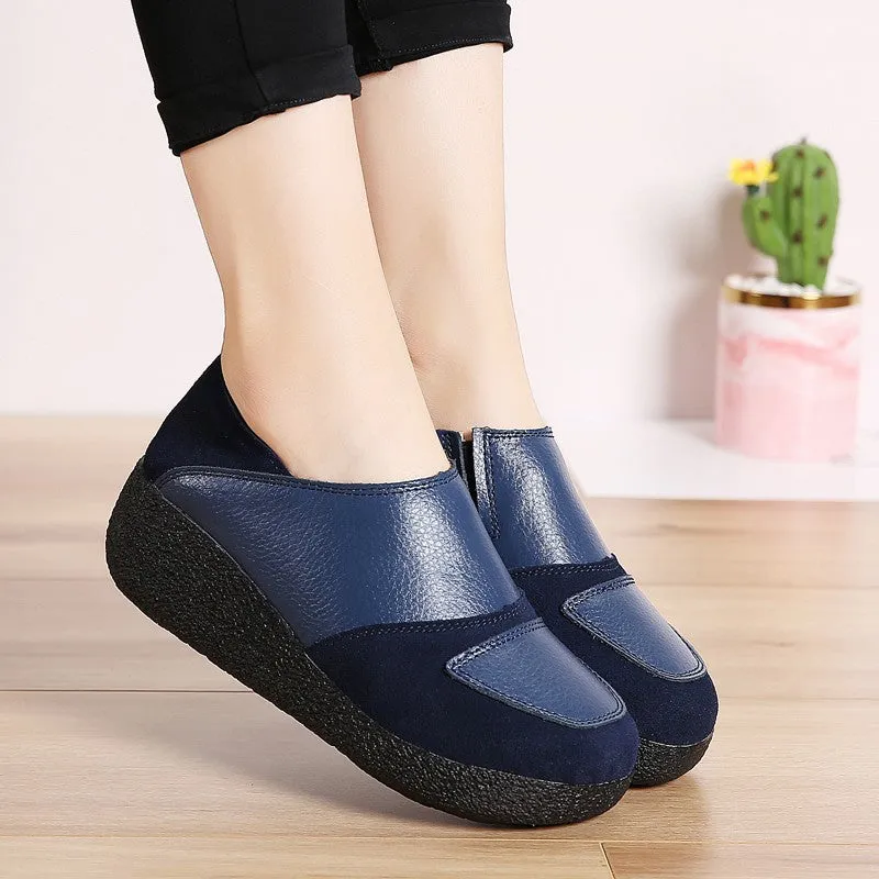 Women's leather classic elegant high platform slip-on casual shoes