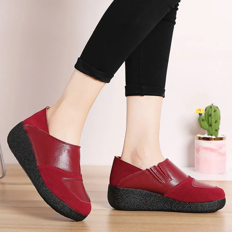 Women's leather classic elegant high platform slip-on casual shoes