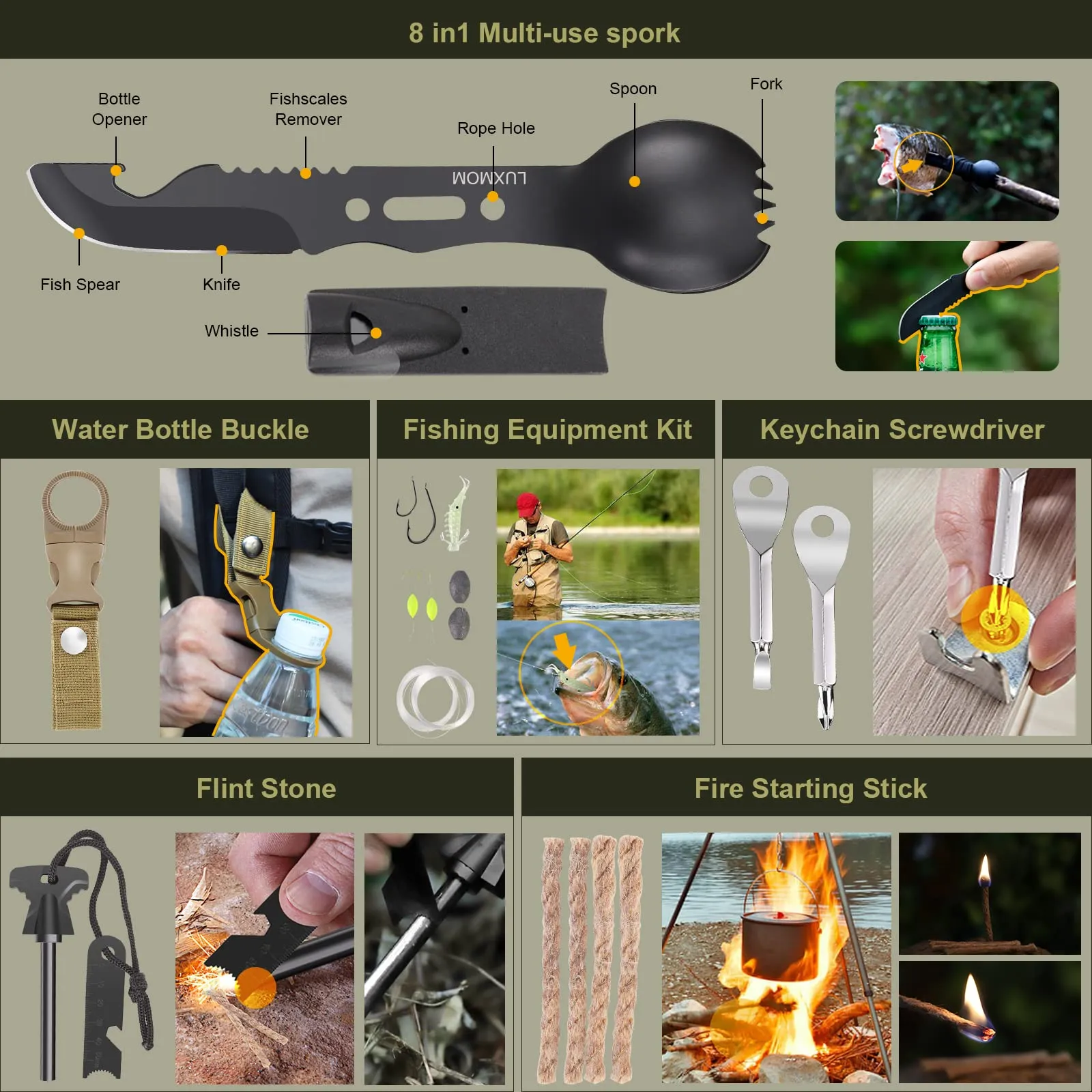 XUANLAN Emergency Survival Kit, Outdoor Survival Gear Tool with Survival Bracelet, Fire Starter, Whistle, Wood Cutter, Water Bottle Clip, Pen (29 in 1)